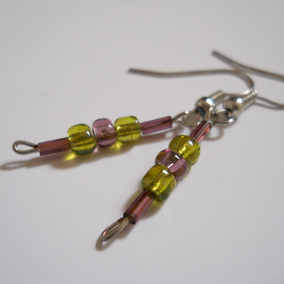 Orchid and bright green bead earrings