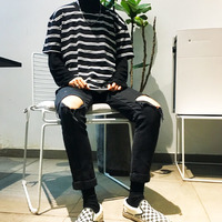Free Shipping-90'S STRIPED TEE IN BLACK - Thumbnail 1
