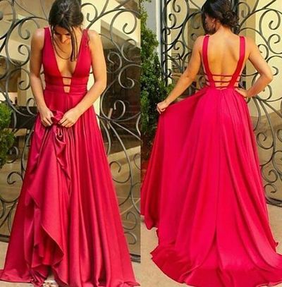  Red v neck long prom dress ,red formal dresses
