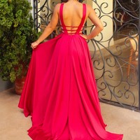  Red v neck long prom dress ,red formal dresses - Thumbnail 2