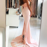 Pink mermaid lace long prom dress,pink evening dresses - Thumbnail 1