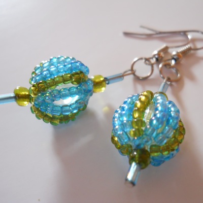 True blue and green ball bead earrings
