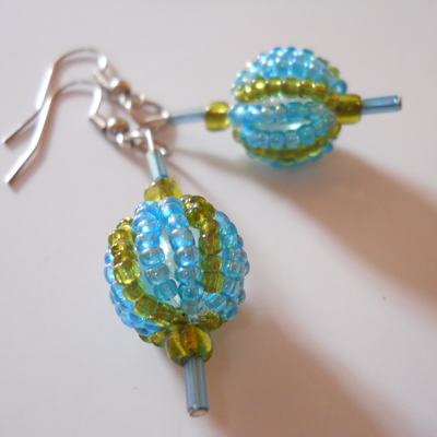 True blue and green ball bead earrings