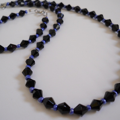 Jet black and blue bead necklace and bracelet