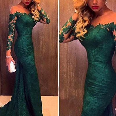 Handmade evening gowns，dark green trumpet/mermaid scoop floor-length tulle love prom dress mk0818