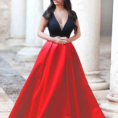 Long evening dress 2017，red a-line v-neck floor-length satin custom love prom dress mk0736