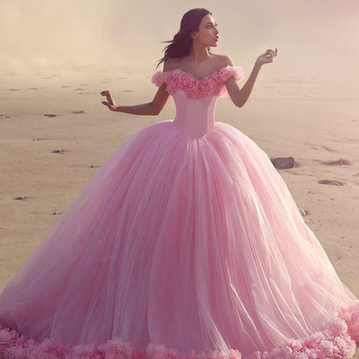 A-line prom dress,2017 pink off-the-shoulder floor-length tulle custom party dresses mk0691