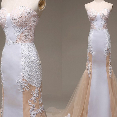 Beautiful prom dress,white trumpet/mermaid sweetheart floor-length tulle long evening dress mk0851