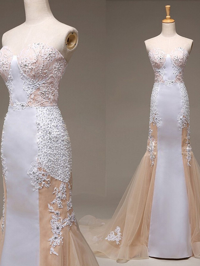 Beautiful Prom Dress,White Trumpet/Mermaid Sweetheart Floor-length Tulle Long Evening Dress MK0851