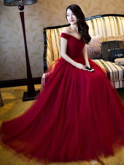 Burgundy Prom Dress,A-line Off-the-shoulder Floor-length Tulle Custom Evening Dress MK0538