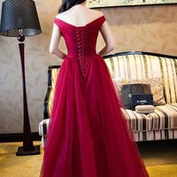 Burgundy Prom Dress,A-line Off-the-shoulder Floor-length Tulle Custom Evening Dress MK0538 - Thumbnail 1