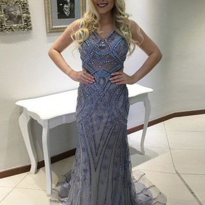 Beaded prom dress,sheath/column straps floor-length tulle custom 2017 long evening dress mk0605