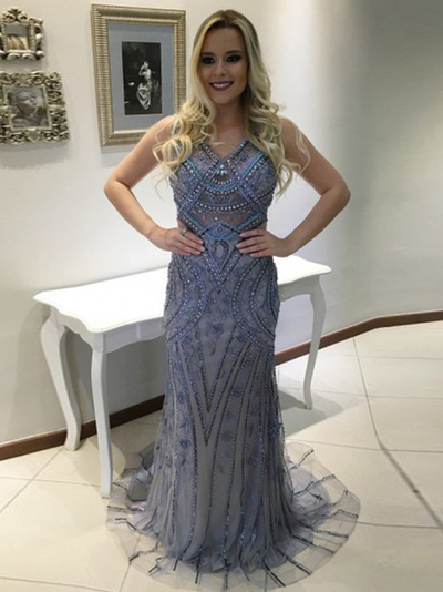 Beaded Prom Dress,Sheath/Column Straps Floor-length Tulle Custom 2017 Long Evening Dress MK0605