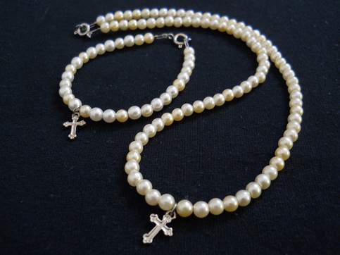 Faux Pearl and Cross Bead Necklace and Bracelet 