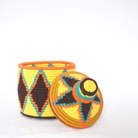   SOLD SOLD SOLD Berber Basket Handwoven Vintage Moroccan Wool Lidded Basket - Thumbnail 2