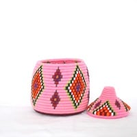 Berber Basket Handwoven Vintage Moroccan Wool Lidded Basket - Thumbnail 2
