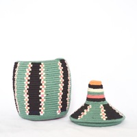 Berber Basket Handwoven Vintage Moroccan Wool Lidded Basket - Thumbnail 3