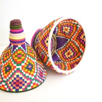  Berber Basket Handwoven Vintage Moroccan Wool Lidded Basket - Thumbnail 2