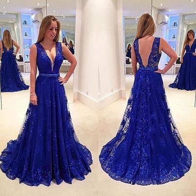 Royal blue lace prom dresses, Backless Long prom dress, long prom dresses, 2017 prom dress online, sexy prom dress