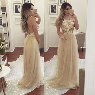 Champagne tulle long prom dress with sequins,champagne  evening dresses - Thumbnail 3
