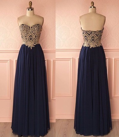 Dakr blue chiffon lace long prom dress,evening dresses