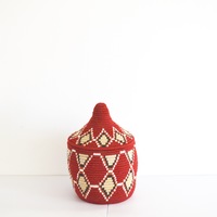 Berber Basket Handwoven Vintage Moroccan Wool Lidded Basket - Thumbnail 1