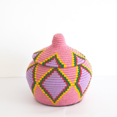 Berber basket handwoven vintage moroccan wool lidded basket