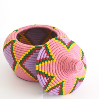 Berber Basket Handwoven Vintage Moroccan Wool Lidded Basket - Thumbnail 1