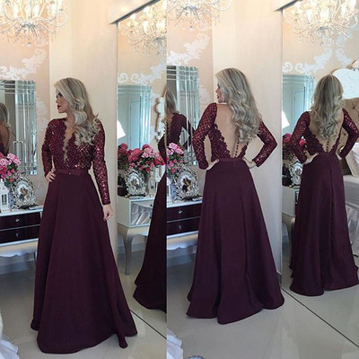 Burgundy long sleeve prom dress,evening dresses