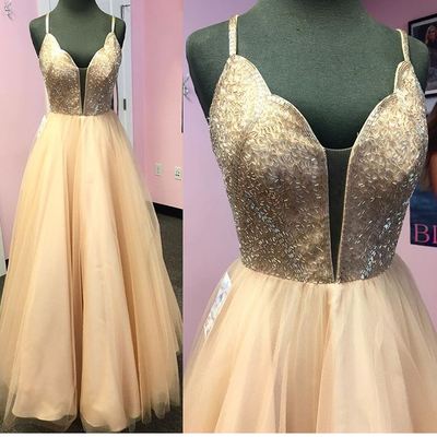 Champagne tulle long prom dress with beading,champagne  evening dresses