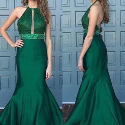 Long cheap prom dress,hunter trumpet/mermaid beading halter floor-length satin custom evening dress mk0591