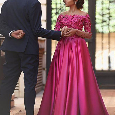 Appliques prom dress,fuchsia a-line off-the-shoulder elastic woven satin floor-length custom evening dress mk0753