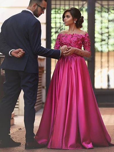 Appliques Prom Dress,Fuchsia A-line Off-the-shoulder Elastic Woven Satin Floor-length Custom Evening Dress MK0753