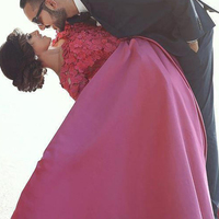 Appliques Prom Dress,Fuchsia A-line Off-the-shoulder Elastic Woven Satin Floor-length Custom Evening Dress MK0753 - Thumbnail 1