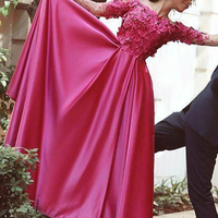 Appliques Prom Dress,Fuchsia A-line Off-the-shoulder Elastic Woven Satin Floor-length Custom Evening Dress MK0753 - Thumbnail 2