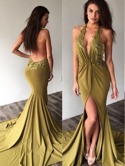 Sexy Prom Dress ,Trumpet/Mermaid Halter Sweep/Brush Train Chiffon Evening Dress MK0944