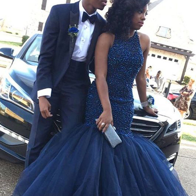 Royal blue prom dress,trumpet/mermaid scoop floor-length tulle custom evening dress mk0959