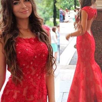 Sexy red prom dress,trumpet/mermaid scoop floor-length tulle handmade evening dress mk0958