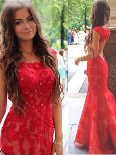 Sexy Red Prom Dress,Trumpet/Mermaid Scoop Floor-length Tulle Handmade Evening Dress MK0958