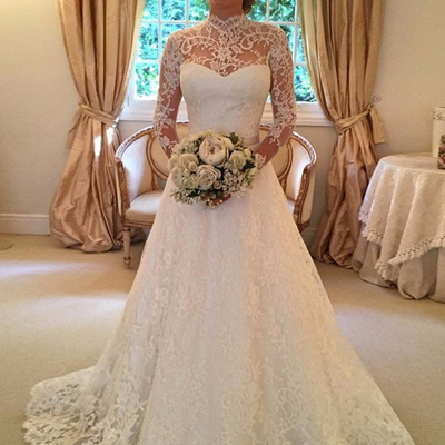 2017 handmade a-line high neck floor-length tulle wedding dress with lace mk0559