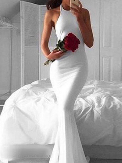 Sexy Prom Dress 2017,Trumpet/Mermaid Halter Floor-length Elastic Woven Satin Handmade Evening Dress MK0508