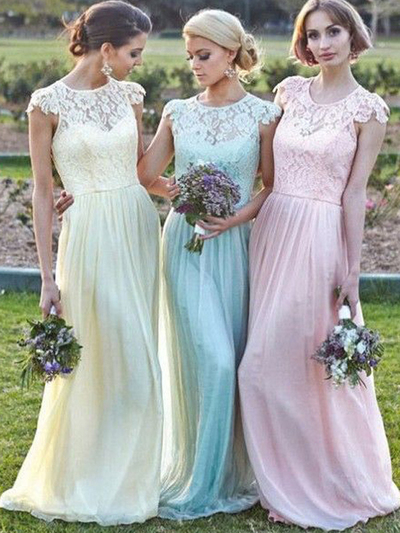 Lace Prom Dress,A-line Scoop Floor-length Chiffon Handmade Evening Dress MK0674