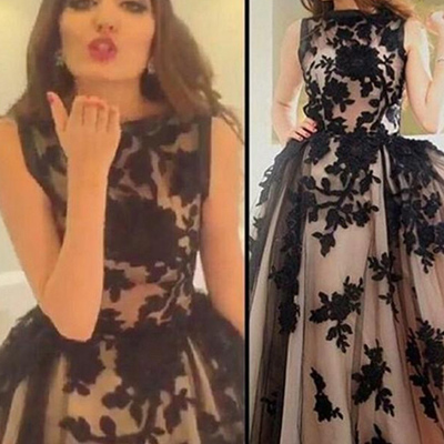 Black prom dress,a-line bateau floor-length tulle  evening dress mk0975