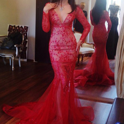 Sexy prom dress trumpet/mermaid v-neck tulle prom dress evening gowns mk0505