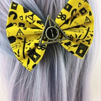 Yellow Hufflepuff Harry Potter Inspired Hair Bow with Deathly Hallows Charm - Thumbnail 1
