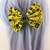 Yellow Hufflepuff Harry Potter Inspired Hair Bow with Deathly Hallows Charm - Thumbnail 3