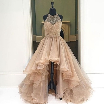 Champagne high low prom dresses ,evening dress for graduation - Thumbnail 5