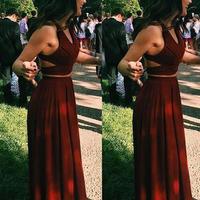 Burgundy  two pieces chiffon long prom dress,burgundy evening dress - Thumbnail 1