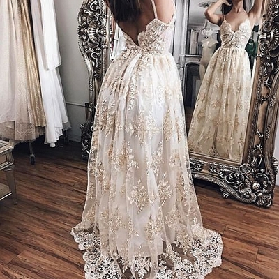 Champagne lace long prom dress,champagne evening dresses - Thumbnail 5