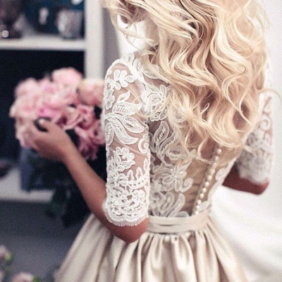 Champagne lace satin long prom dress, champagne evening dresses - Thumbnail 5